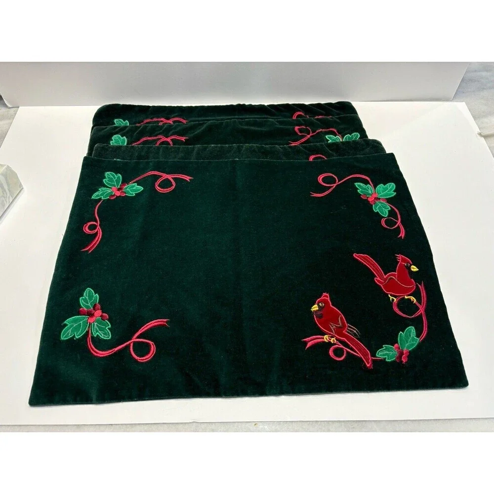 Christmas Placemats Quilted Embroidered Velvet Cardinal Holly Set of 4 13x17